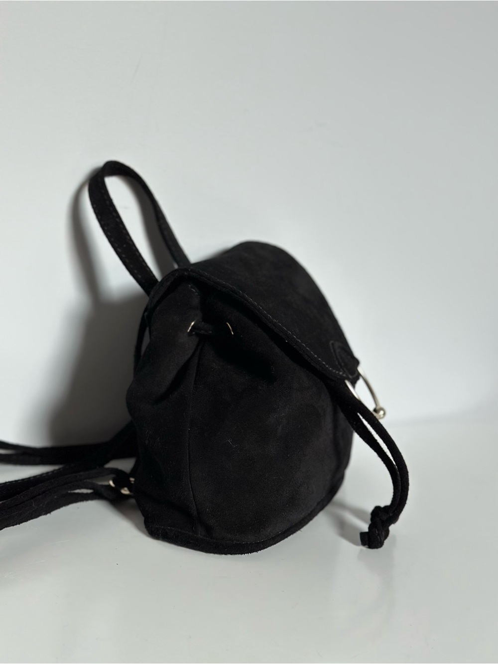 Black Suede Mini Backpack Drawstring Leather Bag Silver Hardware - Picture 14 of 17